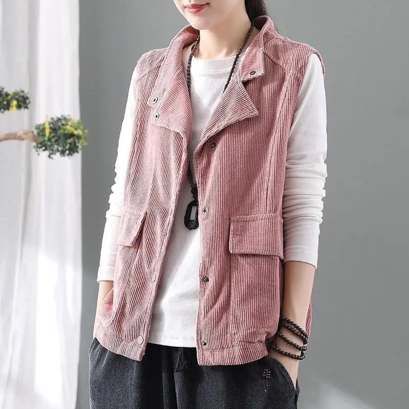 Retro Stand Collar Corduroy Vest Autumn Winter New Women's Solid Color Pockets Sleeveless Covered Button Versatile Cardigan Tops