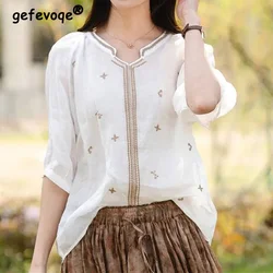 2023 Cotton Linen Embroidered Shirt for Women Fashion V-Neck Summer Clothes Vintage Printing Short Sleeve Loose Pullover Blouses