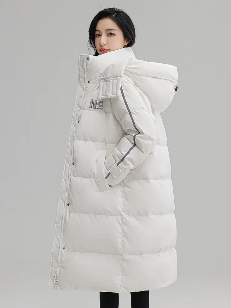 女性用韓国ロングダウンコート,レタープリント,ラインパッチワーク,カジュアルジャケット,厚手のアウター,暖かい冬のコート,女性用ジャケット