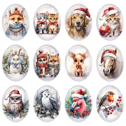 10pcs/lot Christmas X-mas Winter Animals Fox Cat Dog Bird Oval Photo Glass Cabochon Flatback Demo Cameo For Diy Jewelry Making