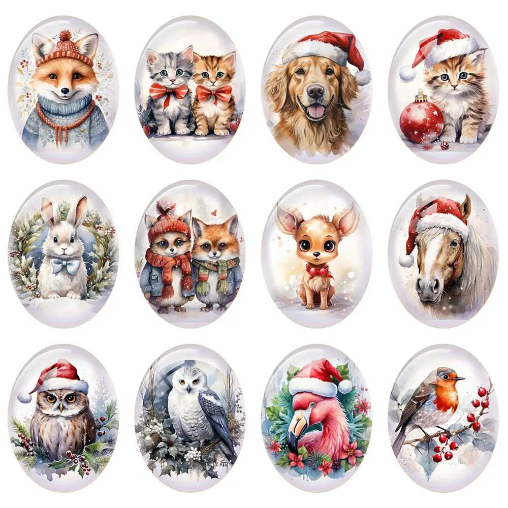 10pcs/lot Christmas X-mas Winter Animals Fox Cat Dog Bird Oval Photo Glass Cabochon Flatback Demo Cameo For Diy Jewelry Making