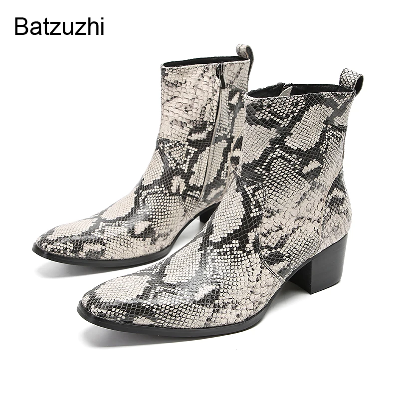 Batzuzhi Italian Style Men's Boots Shoes Snake Pattern Leather Ankle Boots Men 6cm High Heel Boots Knight, Party Boots, 38-46!