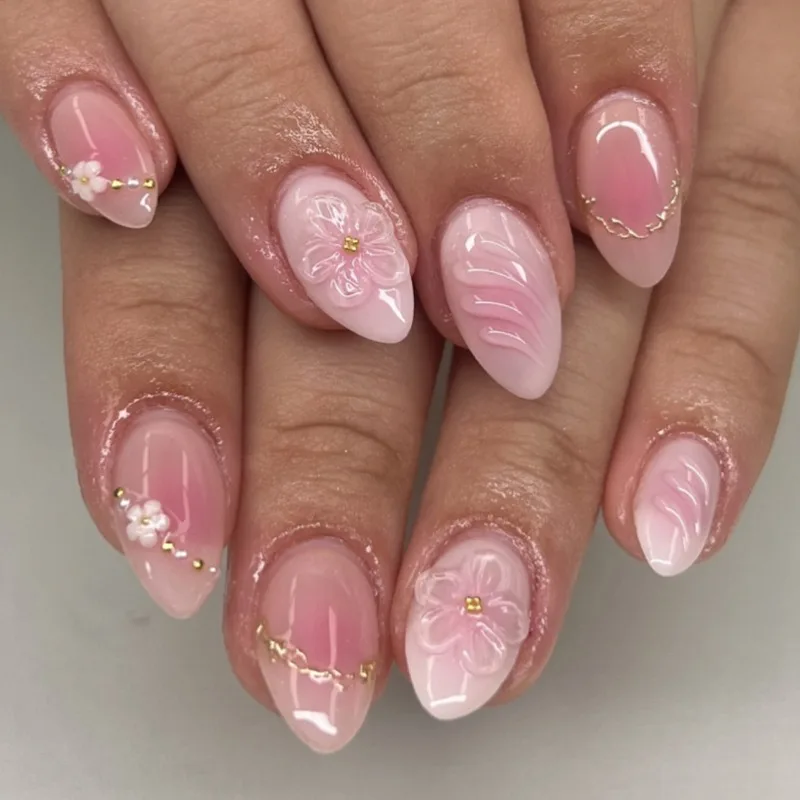 24Pcs False Nails 3D Floral Design with Blushed Shading Press-On High-Quality NailsPerfect As A Gift for Girls and Friends