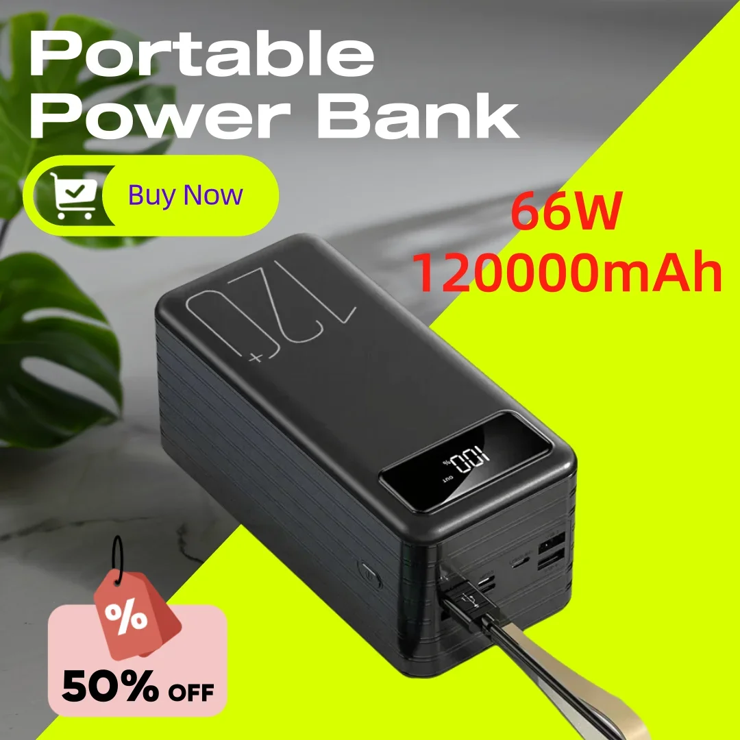Portable Power Bank 120000mAh 66W Fast Charging Powerbank Cell Phone Charger External Battery Backup Power for Xiaomi Huawei
