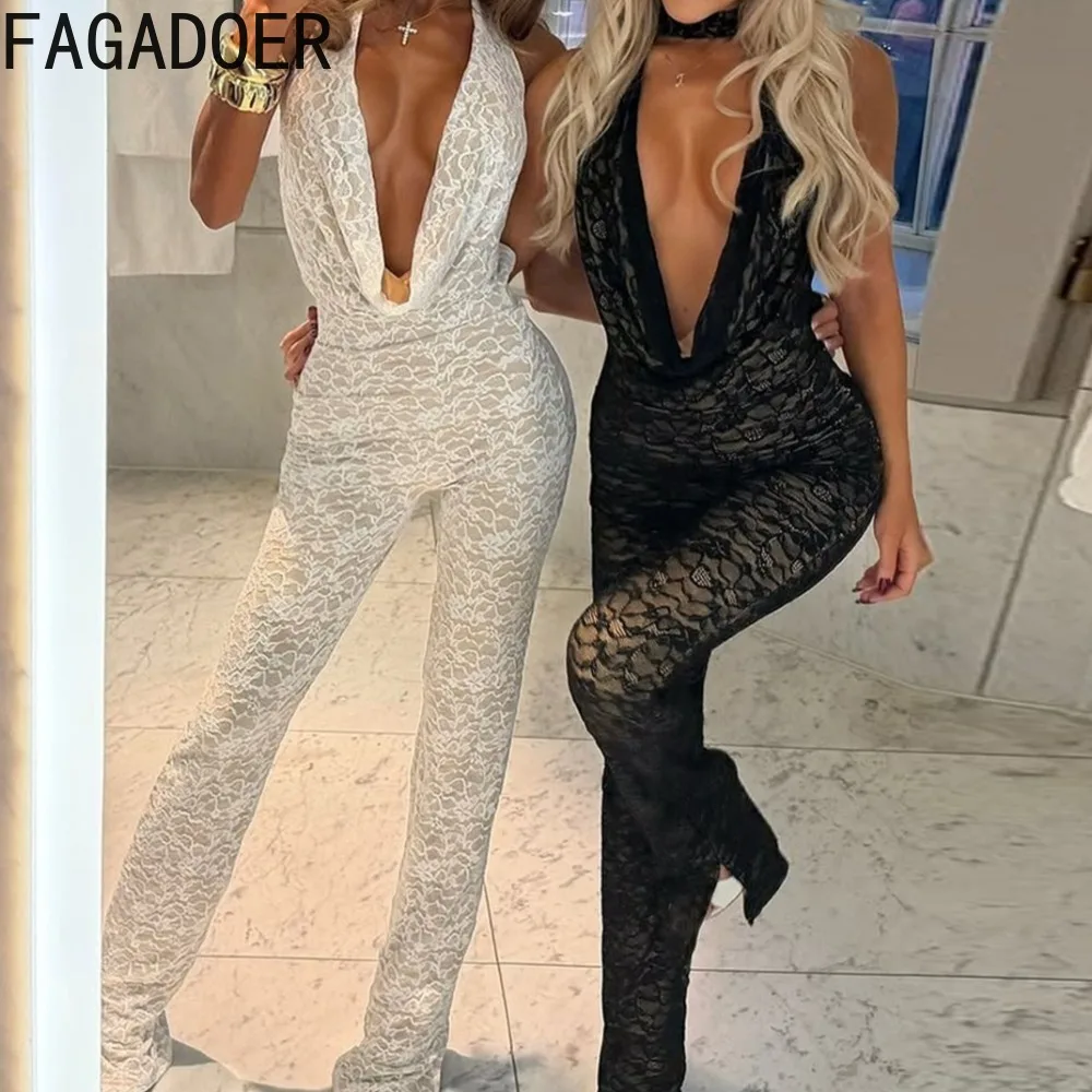 

FAGADOER Sexy Lace Patchwork Bodycon Jumpsuits for Woman Halter Deep V-neck Backless Rompers Female Streetwear Overalls 2025 New