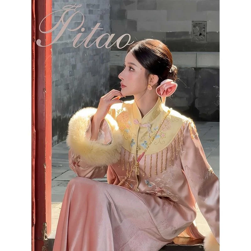 

Китайское традиционное элегантное пальто с бахромой и бисером с цветочным принтом, атласное платье, комплект из 2 предметов, кавайная милая Лолита, осень-зима, ханьфу