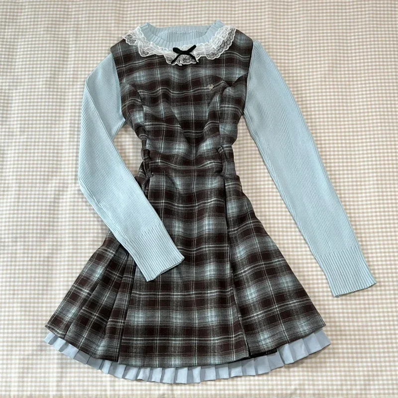 

France Sweet Preppy Style Slim 2-piece Set Women Vintage Chic Plaid Lace Vest Dress Female + Blue Knit Bow Long Sleeve Pullover