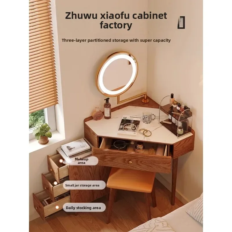 Small apartment bedroom corner small desk, bedside small wall corner solid wood triangle makeup table mirror