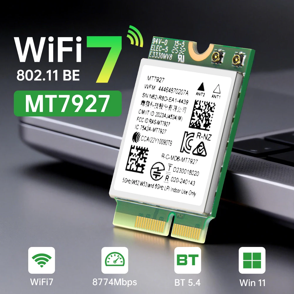 MT7927 M.2 WiFi 7 Wireless Card Tri-Band 8774Mbps Bluetooth 5.4 Network Adapter for Windows 11 Linux AMD Desktop PC Laptop NGFF