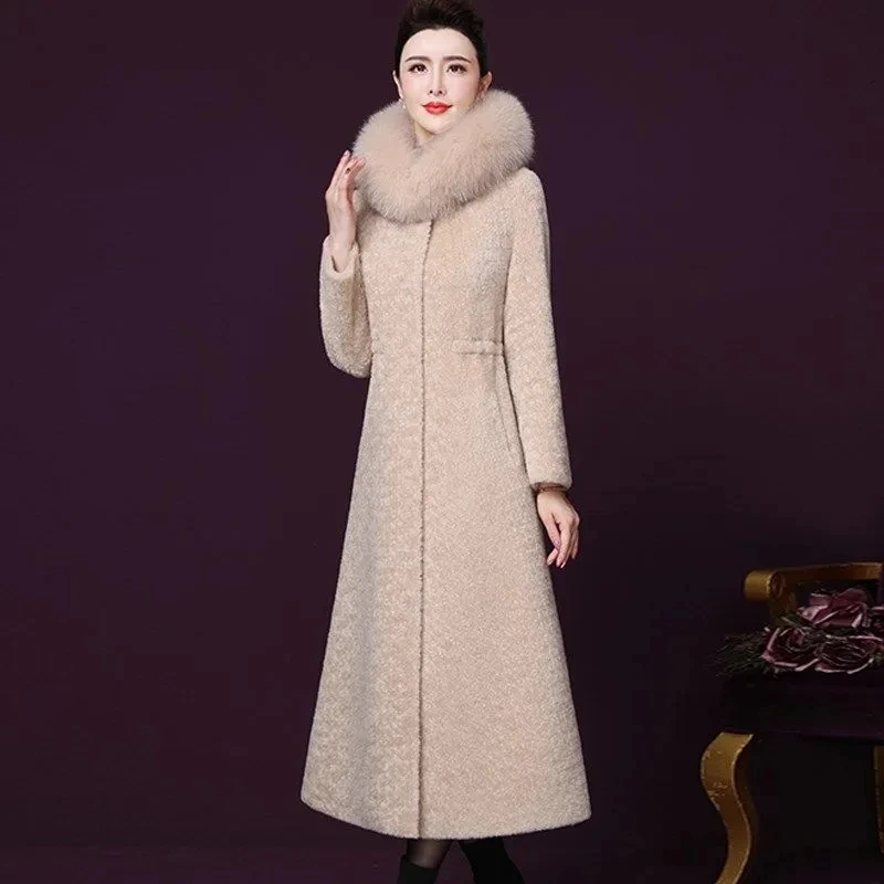 

Sheep Shearing Jacket Womens Winter 2022 Elegant Fashion Temperament Thin Woolen Coat Women Plus Size Long Hooded Wool Outerwear