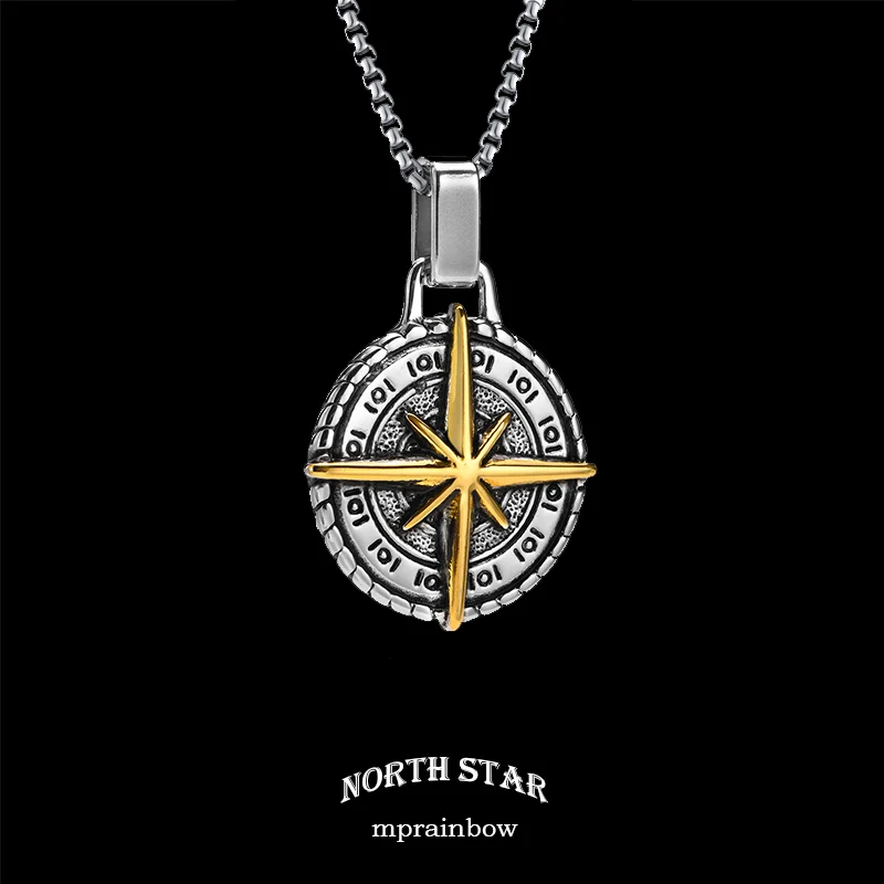 North Star Men Necklace ,Stainless Steel Compass Pendant,Mens Jewelry, Coin Form Handmade Necklace