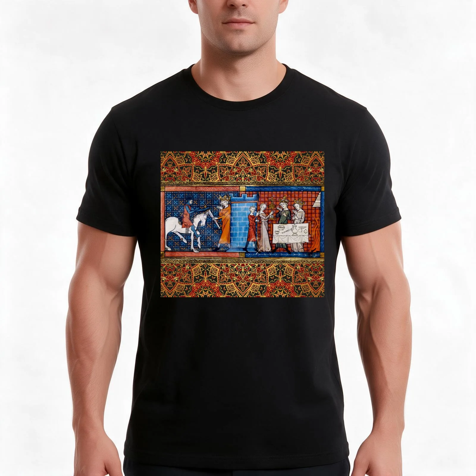 Perceval in Grail Castle Arthurian Legends Medieval Miniature T-Shirt, Summer Casual Cotton Tee, Oversized Streetwear Tops