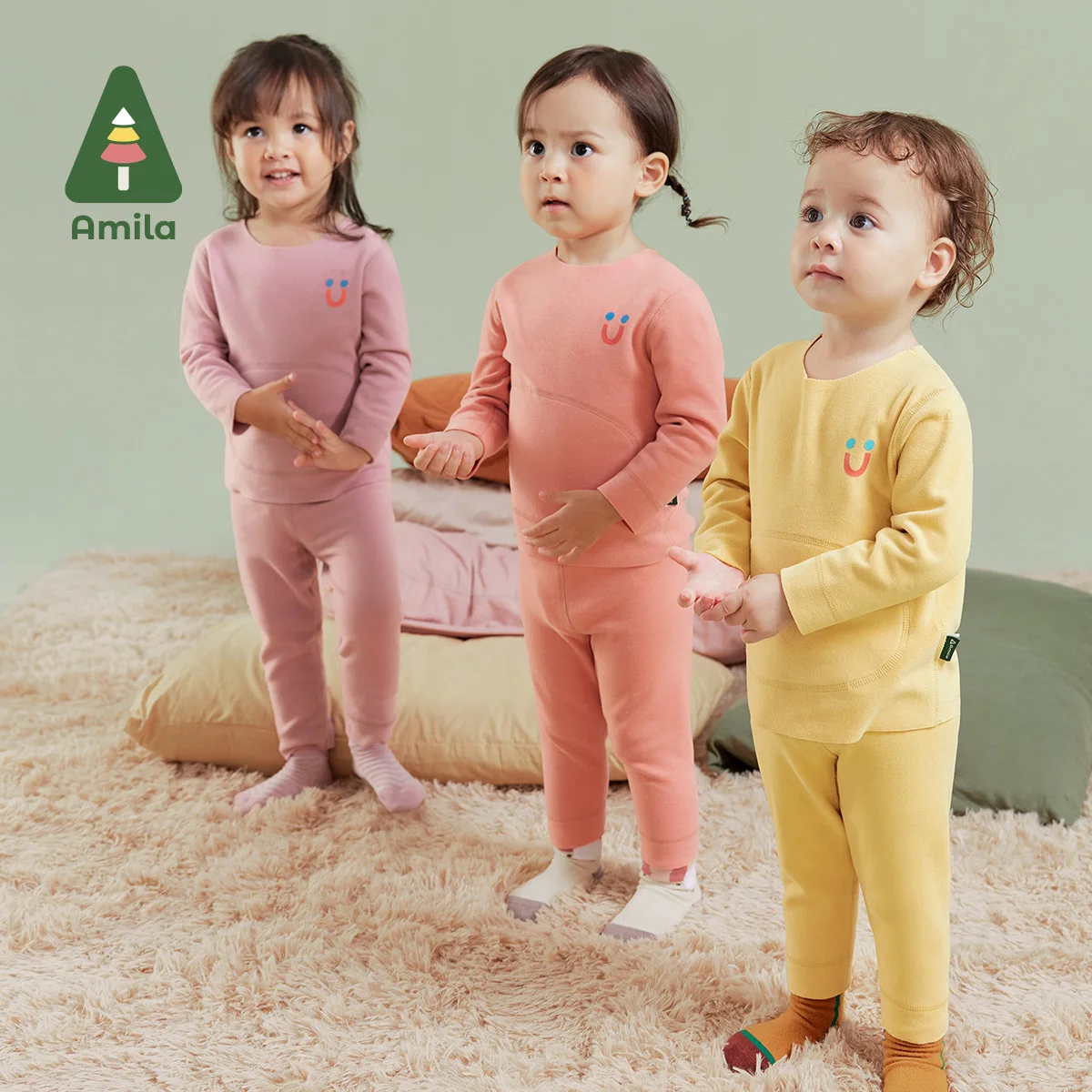 Amila Baby Children Underwear Set 2024 Winter New Multicolour Round Neck Fleecing Soft Warm   Baby Clothing