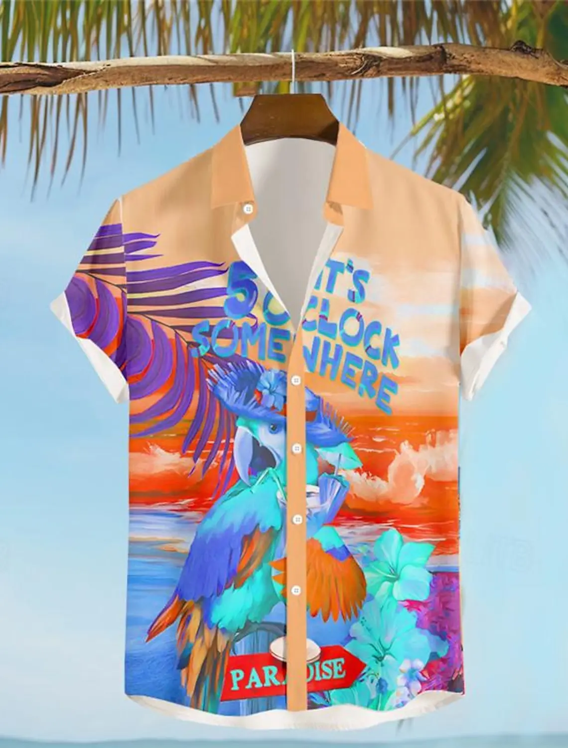 It\'s 5 O\'clock Somewhere Parrot Men\'s Resort Hawaiian 3D Printed Shirt Button Up Short Sleeve Summer Beach Shirt Vacation Wear