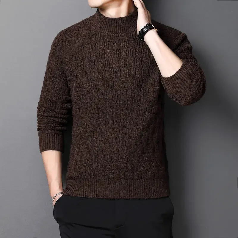 2023 Autumn Winter Man Cotton Sweater Solid Color Knitted Sweaters Men Mock Neck Jumper Long Sleeve Casual Knitwear Tops