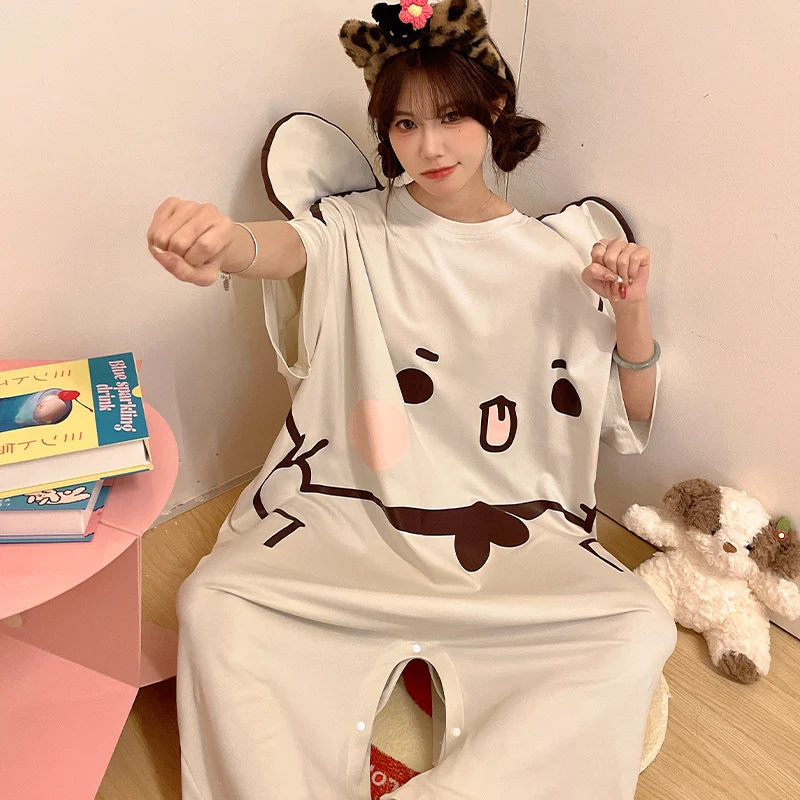 

Korean Cat Sleepwear Onesie Women Pyjama Pour Femme Cotton Pijama Mujer Jumpsuits Homewear Short Sleeve Loose Pajamas Nightgown