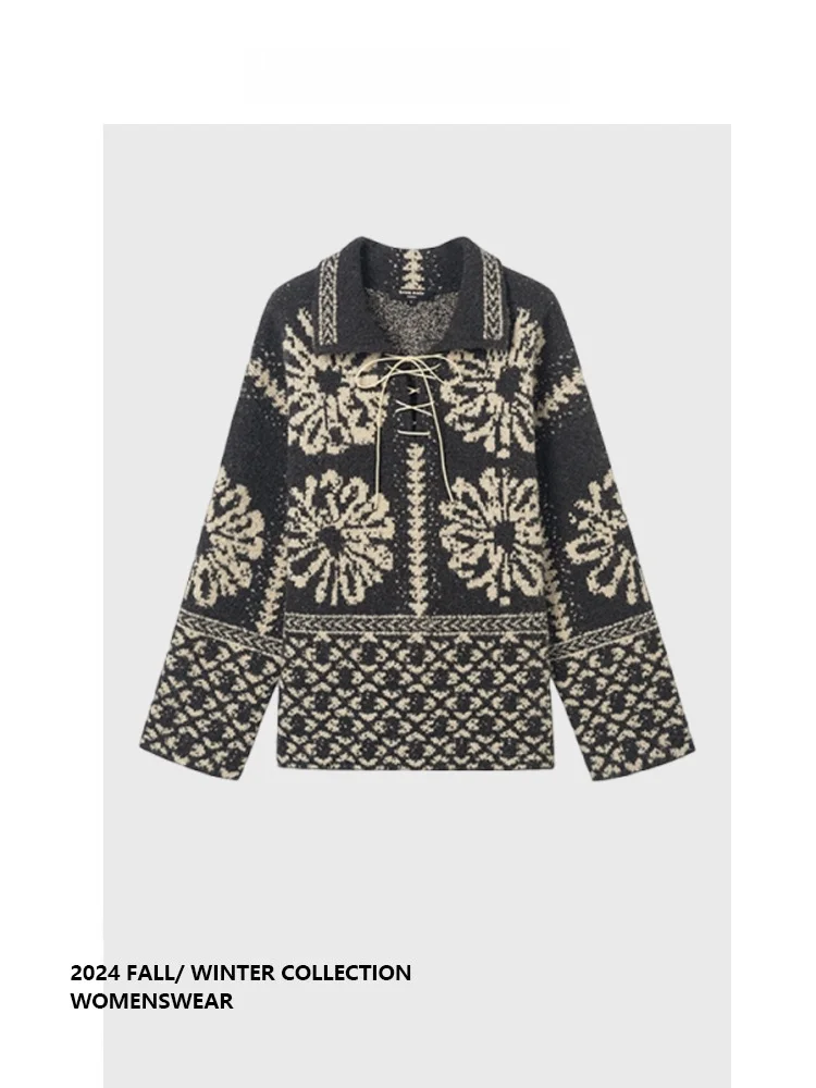 

Forever 2 Vintage Floral Knot Collar Pullover Knitwear Lazy Feeling Camere Long Sve Regular Length Women's Top