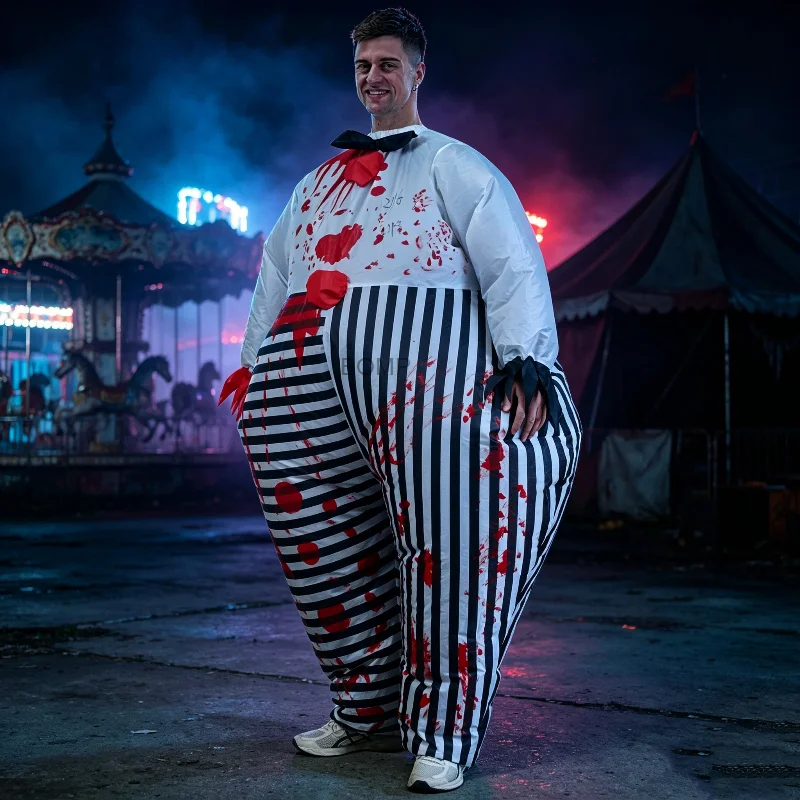 Adult Inflatable Clown Costume Black White Striped Bloody Scary Clown Suit Halloween Carnival Party Fancy Dress Cosplay Outfit