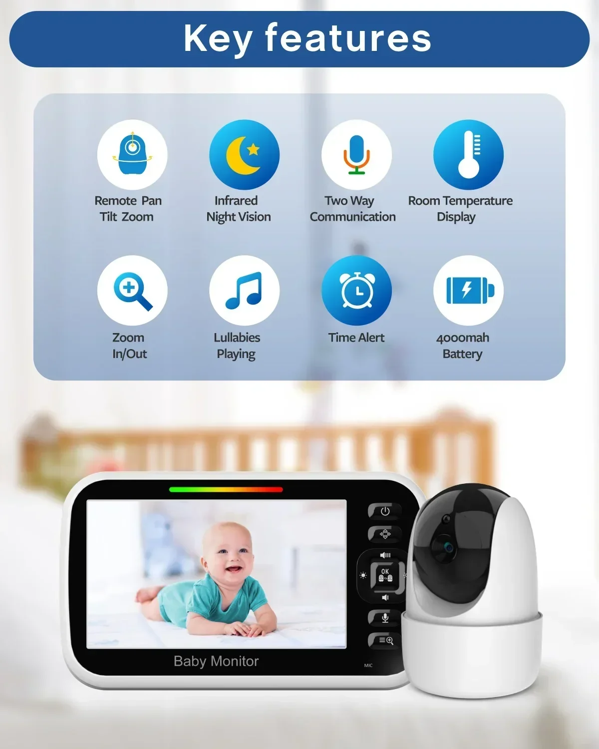 Wireless Baby Monitor 5 Inch HD Pan Tilt Rotating Caregiver Lullaby Night Vision Sound Control Temperature Control IntercomSM651