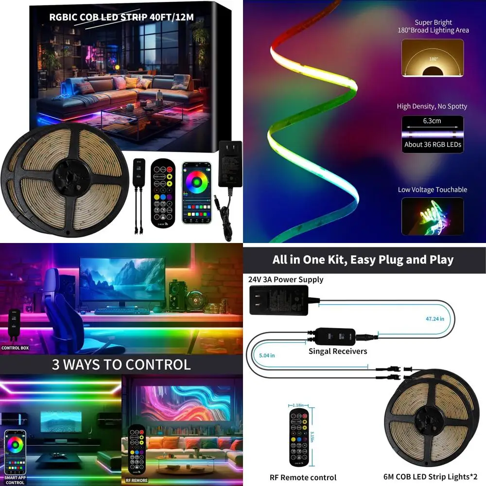 

40ft Dual Roll COB RGB+IC LED Strip Lights with RF Remote and Music Sync for Home Decor and Gaming Rooms