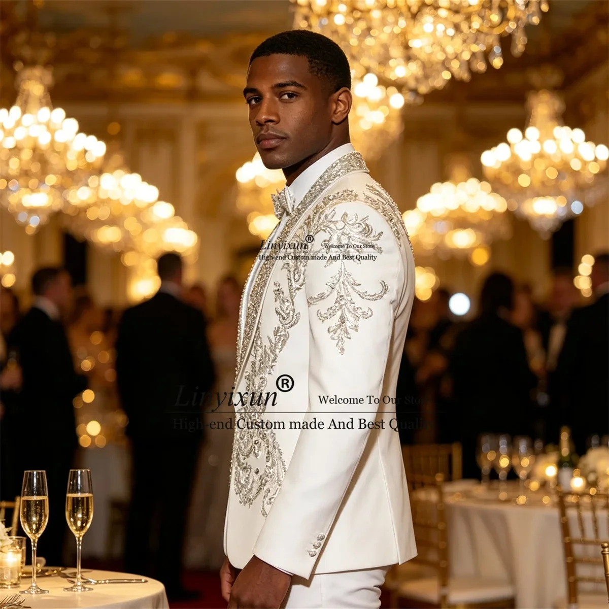 Luxury Jewelry Diamond Men Suits Sequin Lapel Customized Groom Male Blazers 2 Pieces Sets Wedding Party Tuxedos ropa hombre