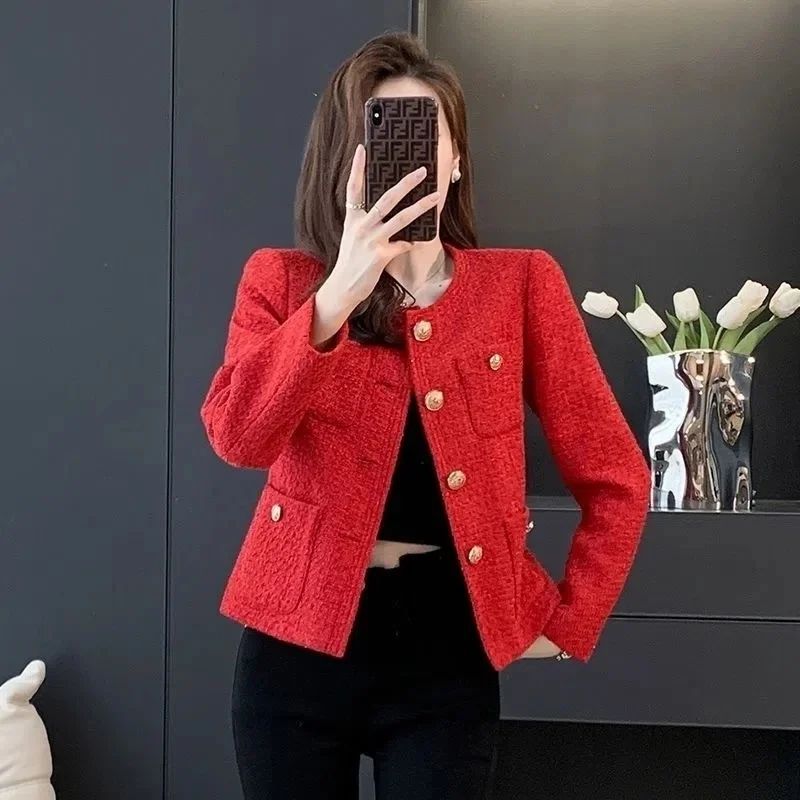 

Tweed RoundNeck Red Fragrance Coat Women Autumn Winter New Christmas Lady Jacket