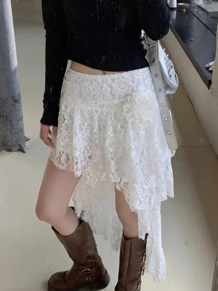 

Pleated Skirt White Skirt Jupe Midi Faldas Mujer Long Rose Lace Hook Flower Hollow Irregular Ribbon Vintage American Gyaru