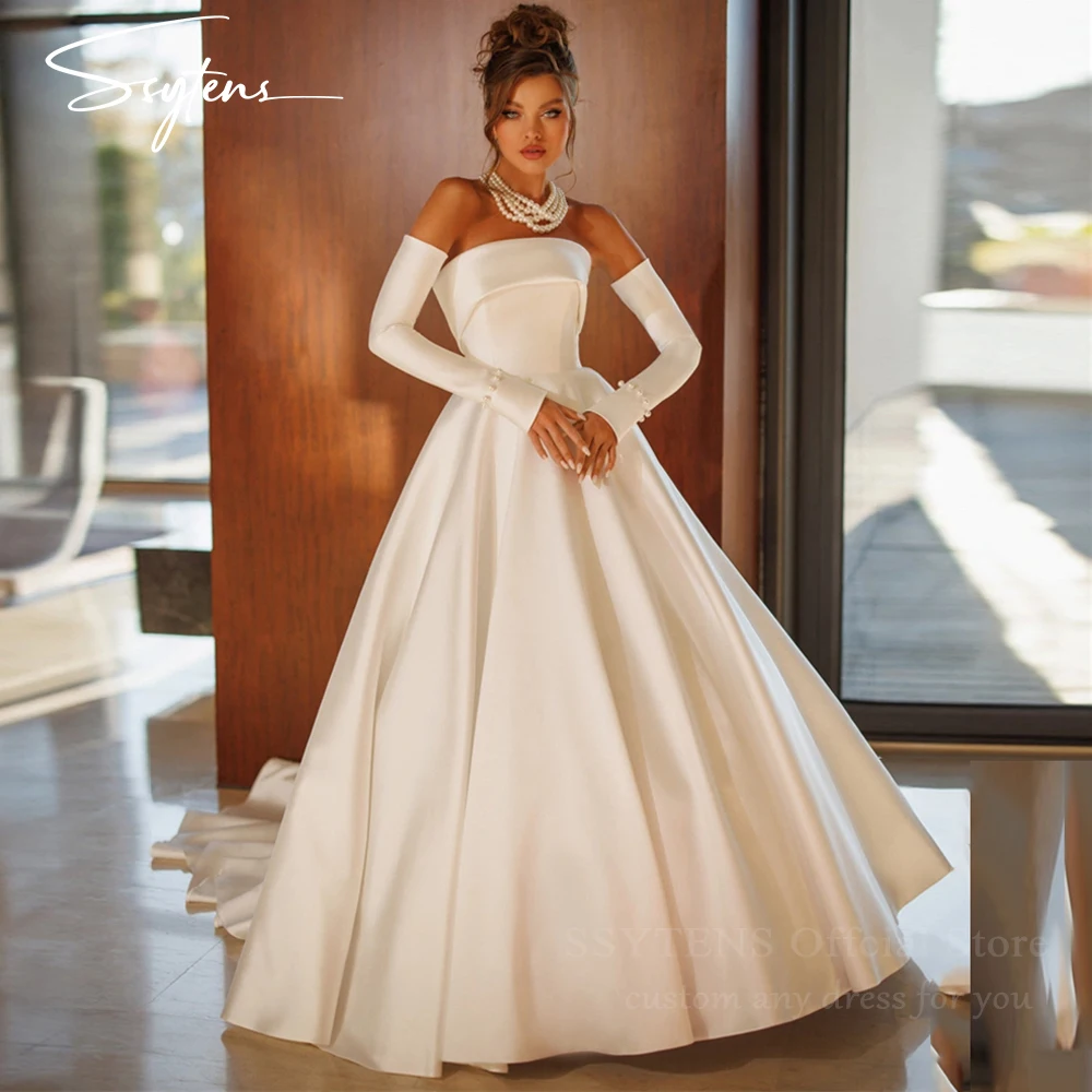 

Charming Wedding Dresses Strapless For Women Customized Floor Length Bridal Gowns Detachable Long Sleeves Satin Bride Dress