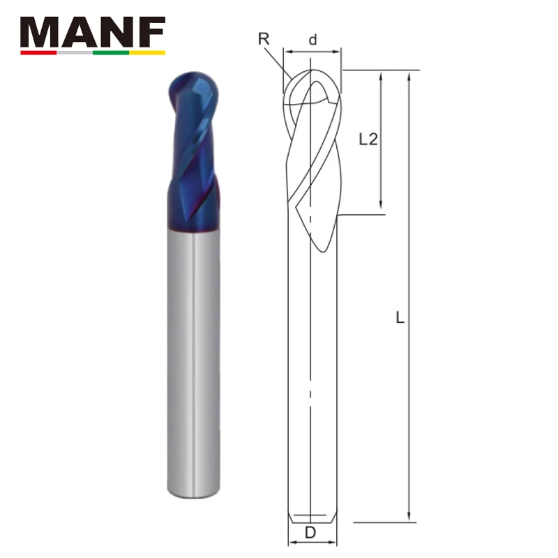 Длинная синяя нано-Концевая фреза MANF с 2 канавками, HRC65 R3mm R4mm, сферические концевые фрезы, Вольфрамовая сталь, фрезеровка, механическая обработка, фреза