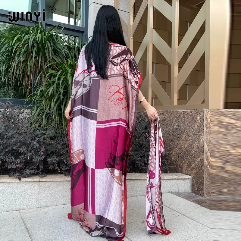 WINYI 2024 New African Women Dashiki boho print muslim woman dubai Free Size Design With Scarf Maxi Loose African Elegant Dress