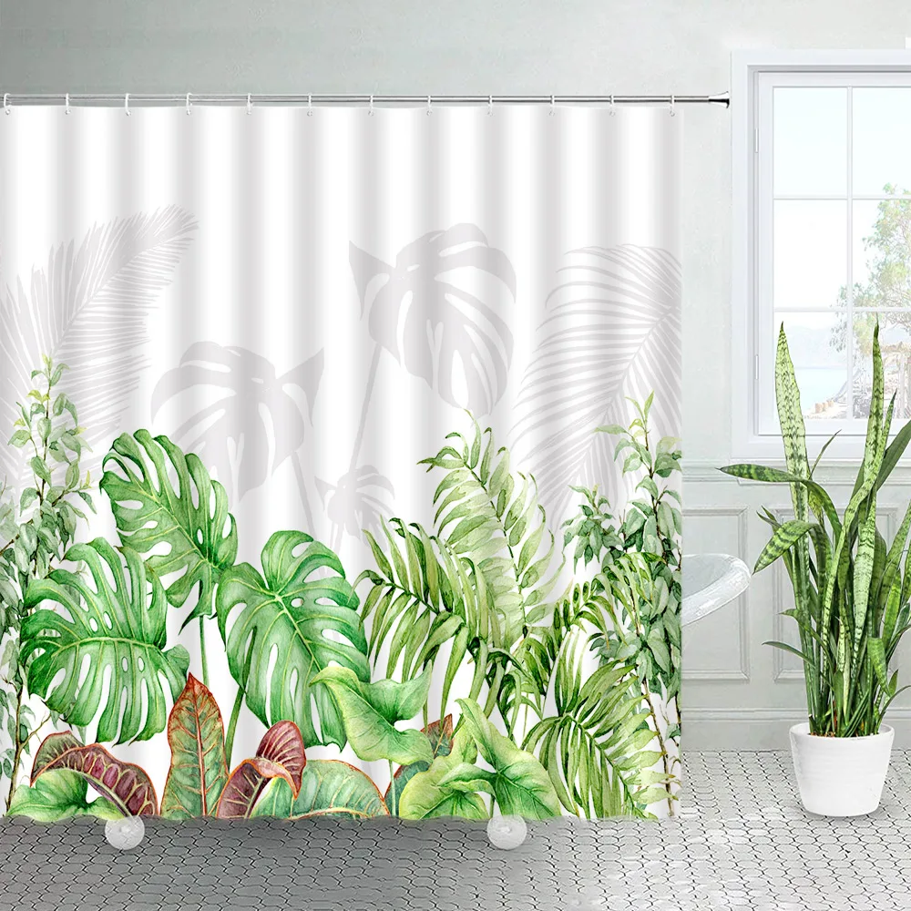 

Tropical Monstera Palm Leaves Shower Curtain Watercolor Plant Leaf 3D Print Waterproof Fabric Bathroom Decor Bath Curtains Hooks