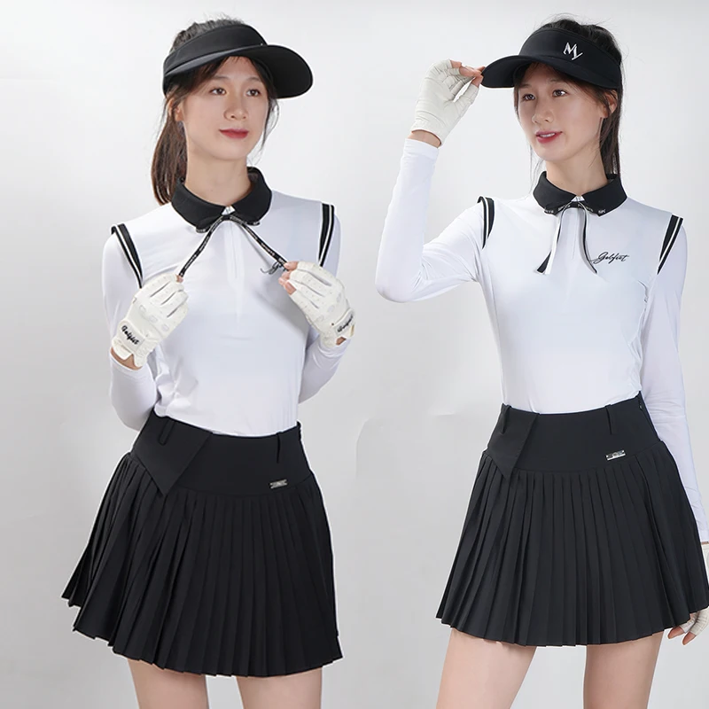 golfiste-femmes-creme-solaire-chemises-de-golf-glace-soie-a-manches-longues-t-shirt-nœud-papillon-polo-hauts-dame-golf-jupe-plissee-a-double-jupes-de-golf