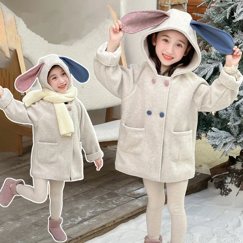 Autumn Winter Kids Baby Wool and Blend Coat with Rabbit Ear Hoodies for Girls Woolen Long Jacket Outfit Child Cute Overcoat 2-9Y