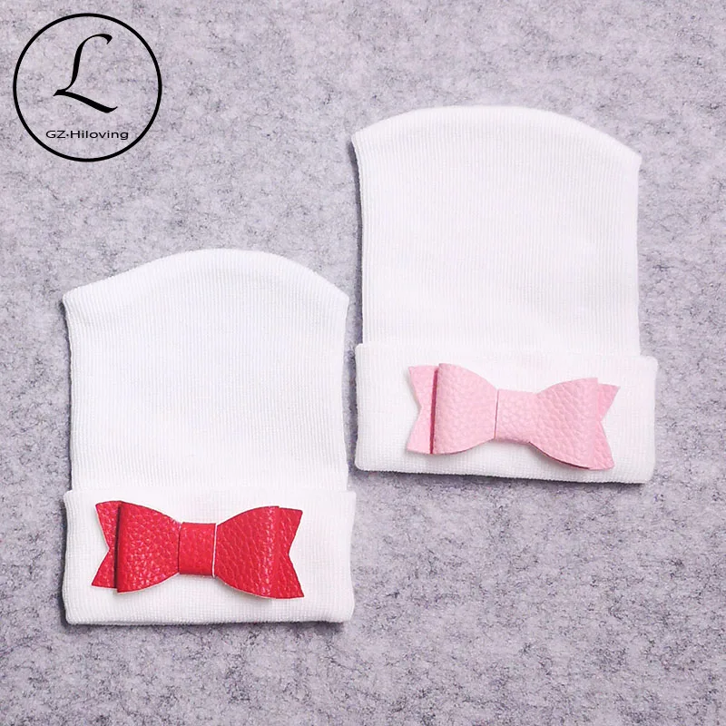 

Newborn baby Girls PU Leather Bow Hospital Hats 0-3 Month Childs kids Soft Cotton Knitted Beanies Hats And Caps Hair Accessories