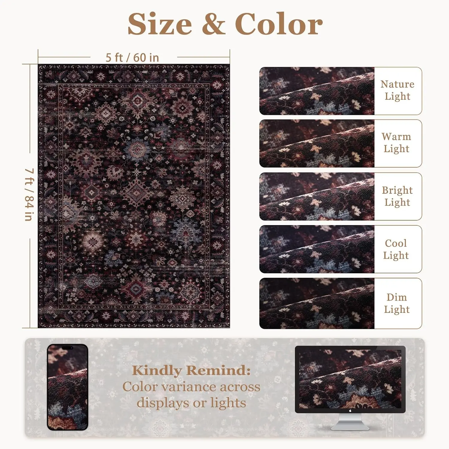 Extra Large Black Oushak Boho Floral Geometric Area Rug Washable Non Slip Low Pile Carpet for Dining Kitchen Nursery Home Decor