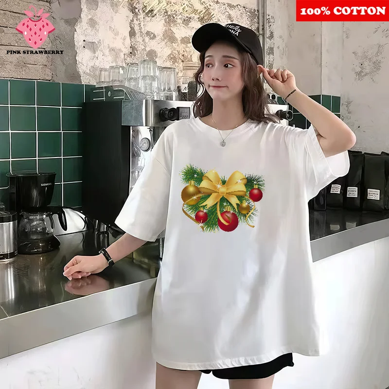 

100% Cotton White Short sleeves T-shirt Women Summer 2025New Y2k Christmas Wreath Print Loose Casual T-shirt Top Female clothing