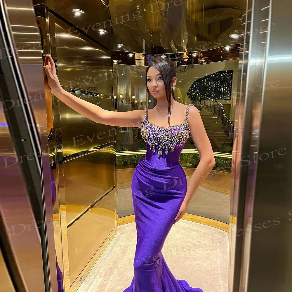 Elegant Classic Purple Women's Mermaid Sexy Evening Dresses Modern Spaghetti Straps Beaded Prom Gowns Sleeveless Robes De Soirée