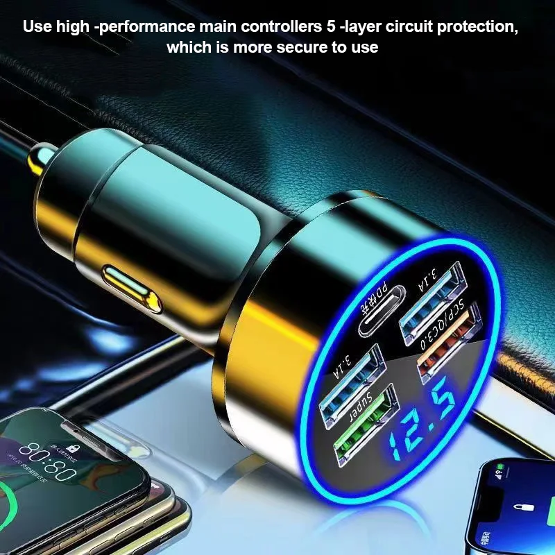 Xiaomi Youpin Car Charger 4usb PD 250W Type C Fast Charging Auto Mobile Phone Adapter For iPhone Huawei QC 3.0 Digital Display