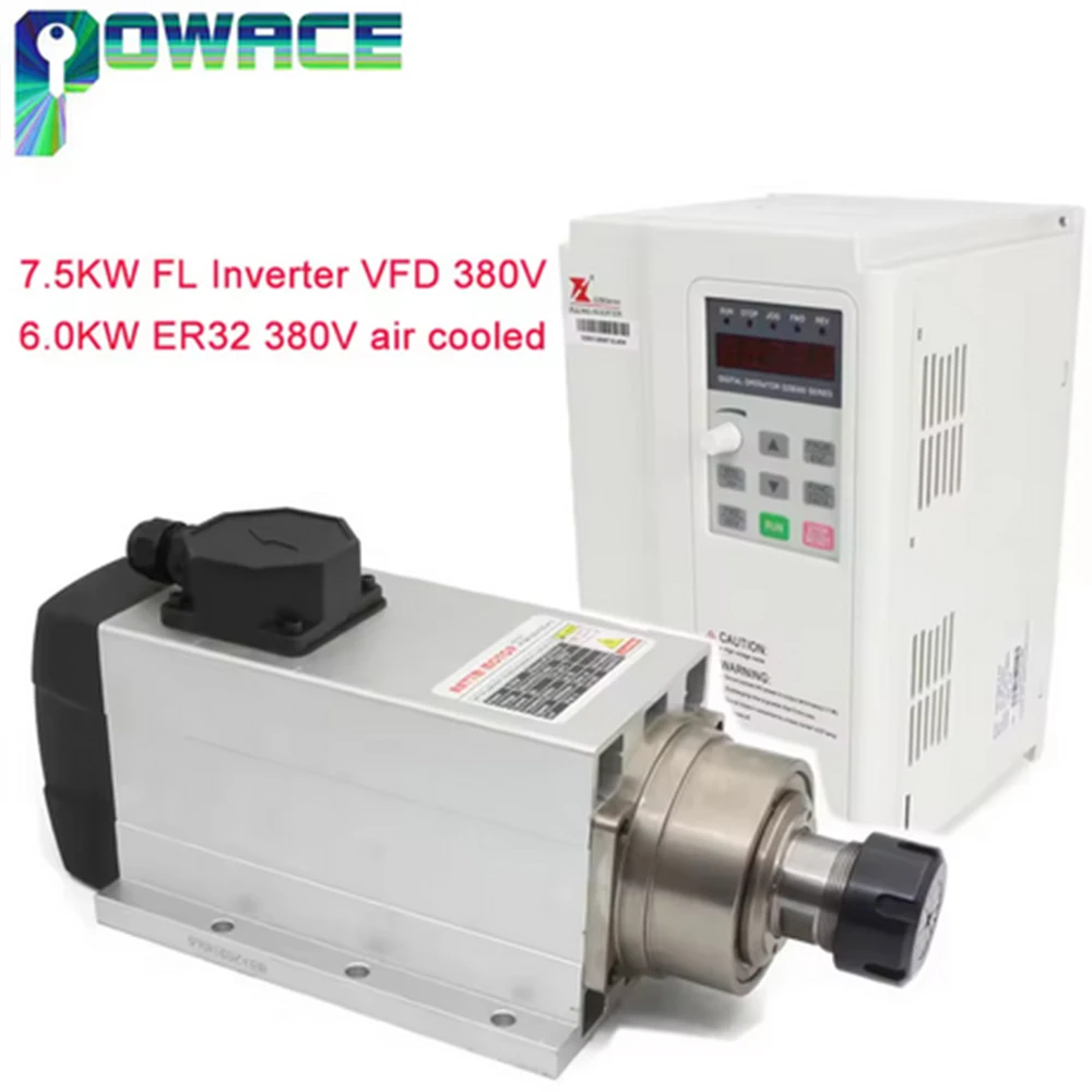

6 KW 380V ER32 CNC square air-cooled spindle motor 300HZ frequency hopping 0.01mm optional 7.5KW inverter
