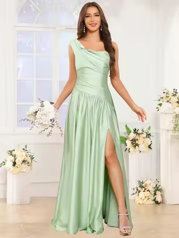 One Shoulder Bridesmaid Dresses for Women Long Satin Ruched Formal Evening Dress with Slit