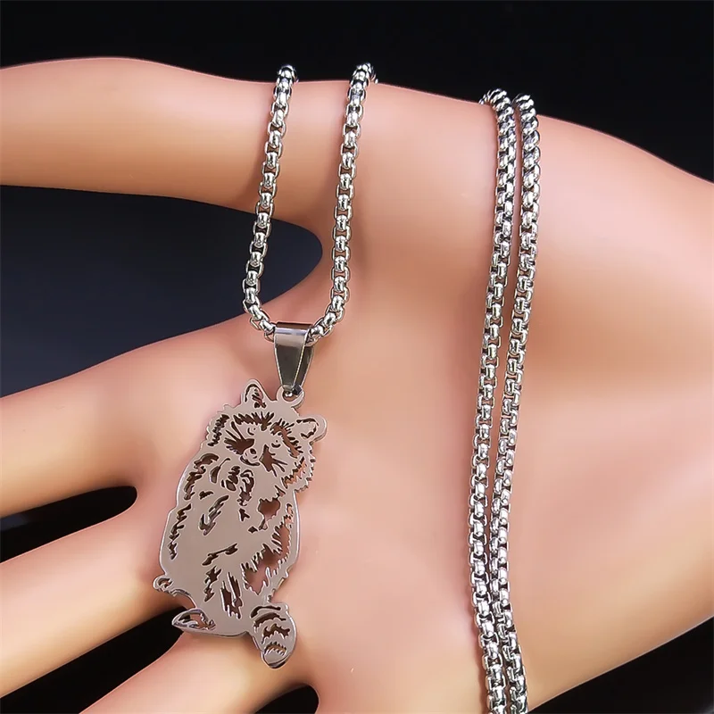 Lovely Raccoon Pendant Necklace for Women/Men Silver Color Stainless Steel Animal Chain Necklaces Christmas Gift Jewelry N6115