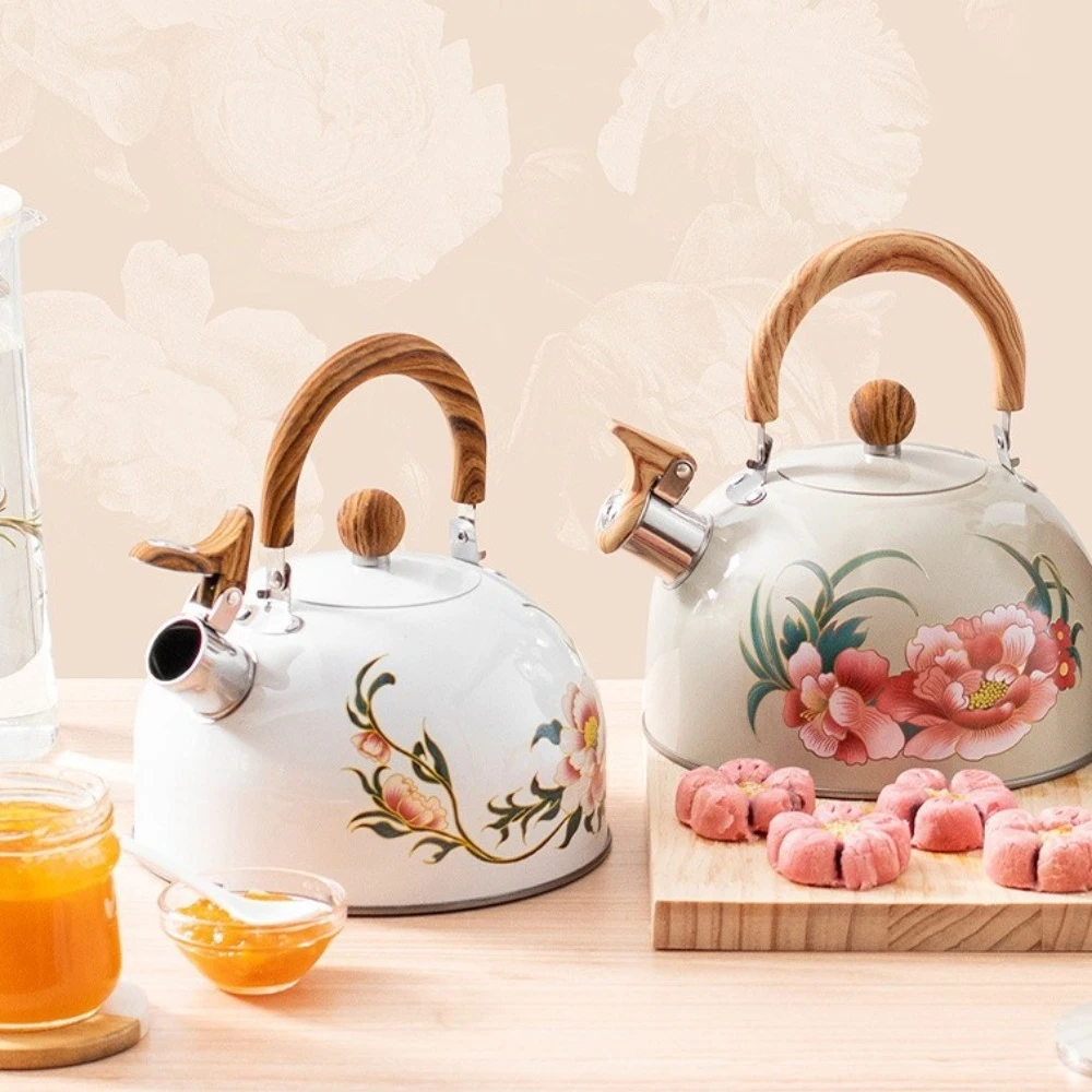 

New 3L Whistling Kettle Teapot Floral Enameled Universal Tea Jug Large Capacity Thickened Coffee Pot Gas Induction Cooker