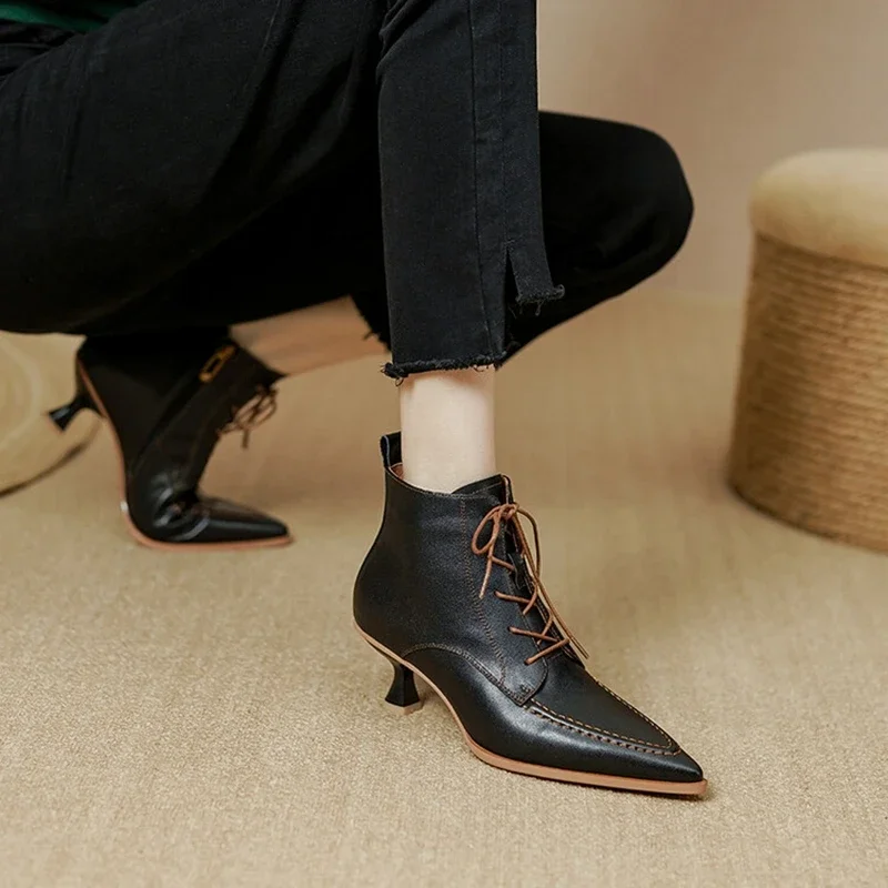 NEW Autumn Women Shoes Pointed Toe High Heel Boots Women Genuine Leather Ankle Boots for Women Winter Lace Elegant Modern Boots