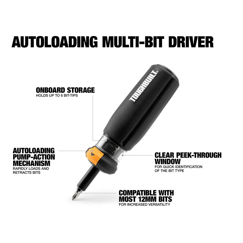 TOUGHBUILT TB-H5-M-01 Autoloading Multi-Bit Driver Rust Prevention Sturdy Durable Screwdriver Hand Tool