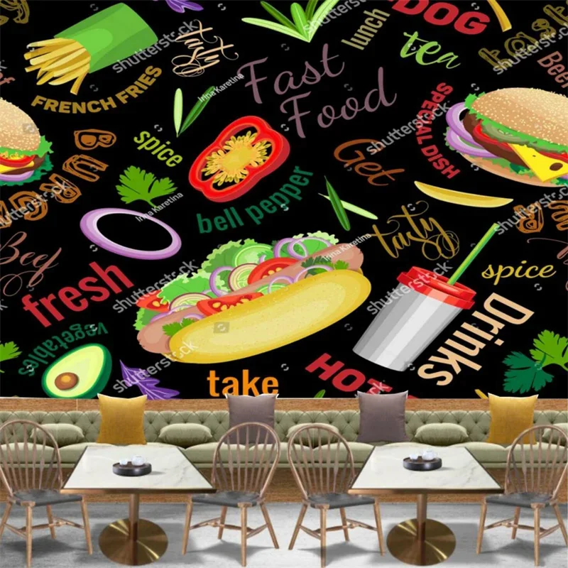 Custom Fast Food and Spices Mural Wallpapers 3D Western Fast Food Restaurant Snack Bar Industrial Decor Background Wall Paper 3D