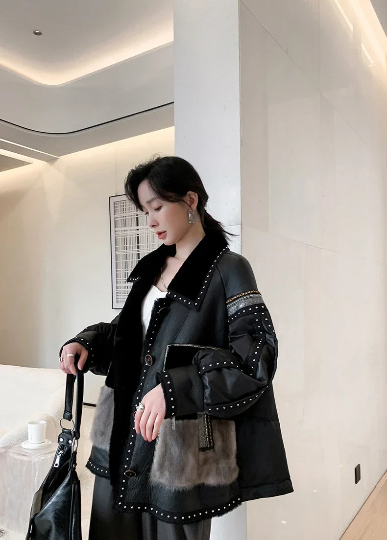 Popular Women Loose Black Fur New Fur One-piece Coat Mink Fur Lamb Otter Rabbit  Coat