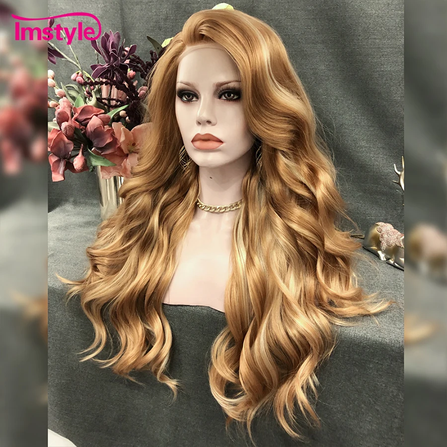 Imstyle-peluca sintética con malla frontal para mujer, cabellera larga ondulada Natural, color rubio dorado, fibra resistente al calor, 24 pulgadas