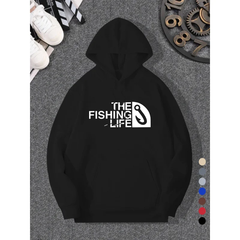 

Мужская повседневная универсальная модная толстовка с капюшоном, с принтом в виде букв и изображения рыбалки — идеальный выбор для весны и осени.