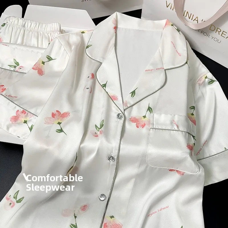 

anghai S Silk Ice Summer Women's Spwear Thin ort Sve Two-Piece Set High-End Ladies Summer Home Clothes Set