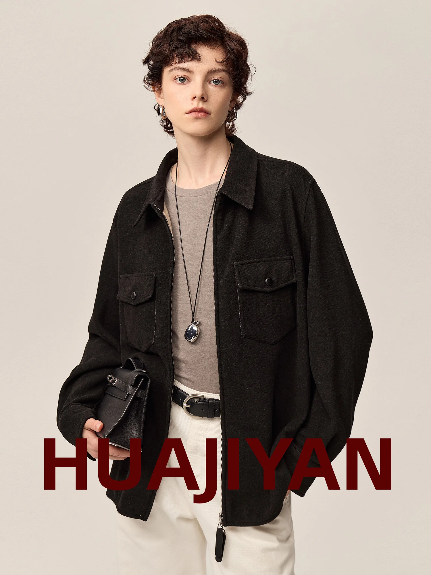 

Hua Jiyan Yan【Yao Stone】Double-Sided Camere irt Sle Stand-Cut Ele Versatile Outerwear for Women Commute Sle Zipper